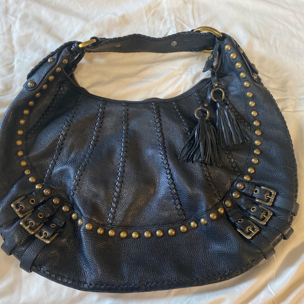 Isabella Fiore Black Pebbled Leather Brass Gold Studded Hobo Shoulder Bag